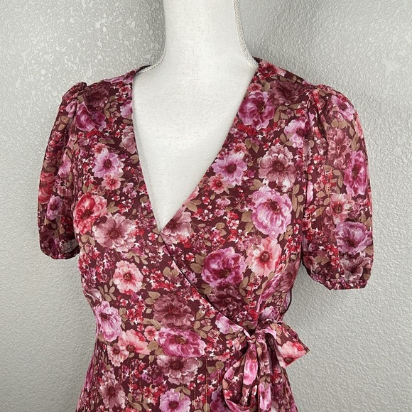 Mi Ami for Francesca Burgundy & Pink Floral Gold Tinsel Cottagecore Wrap Dress S - Picture 3 of 6